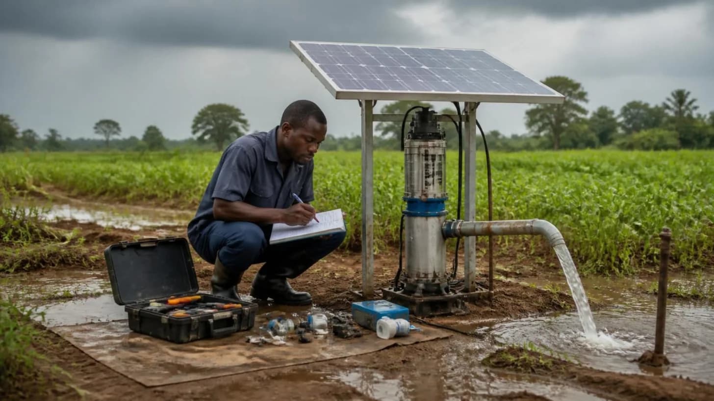 Technician checking a solar pump at the edge of a plot