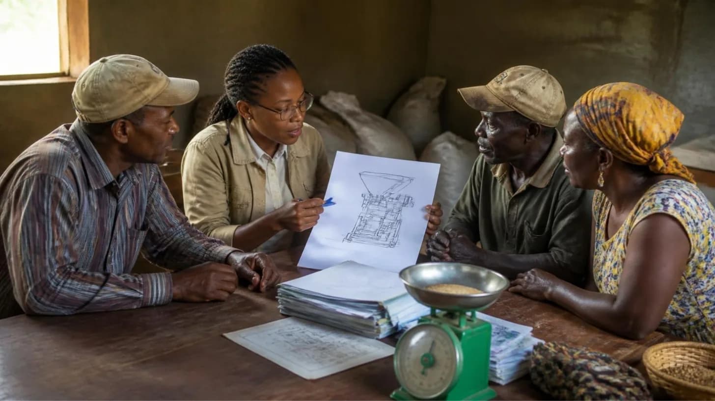 Cooperative members reviewing an equipment study with an engineer