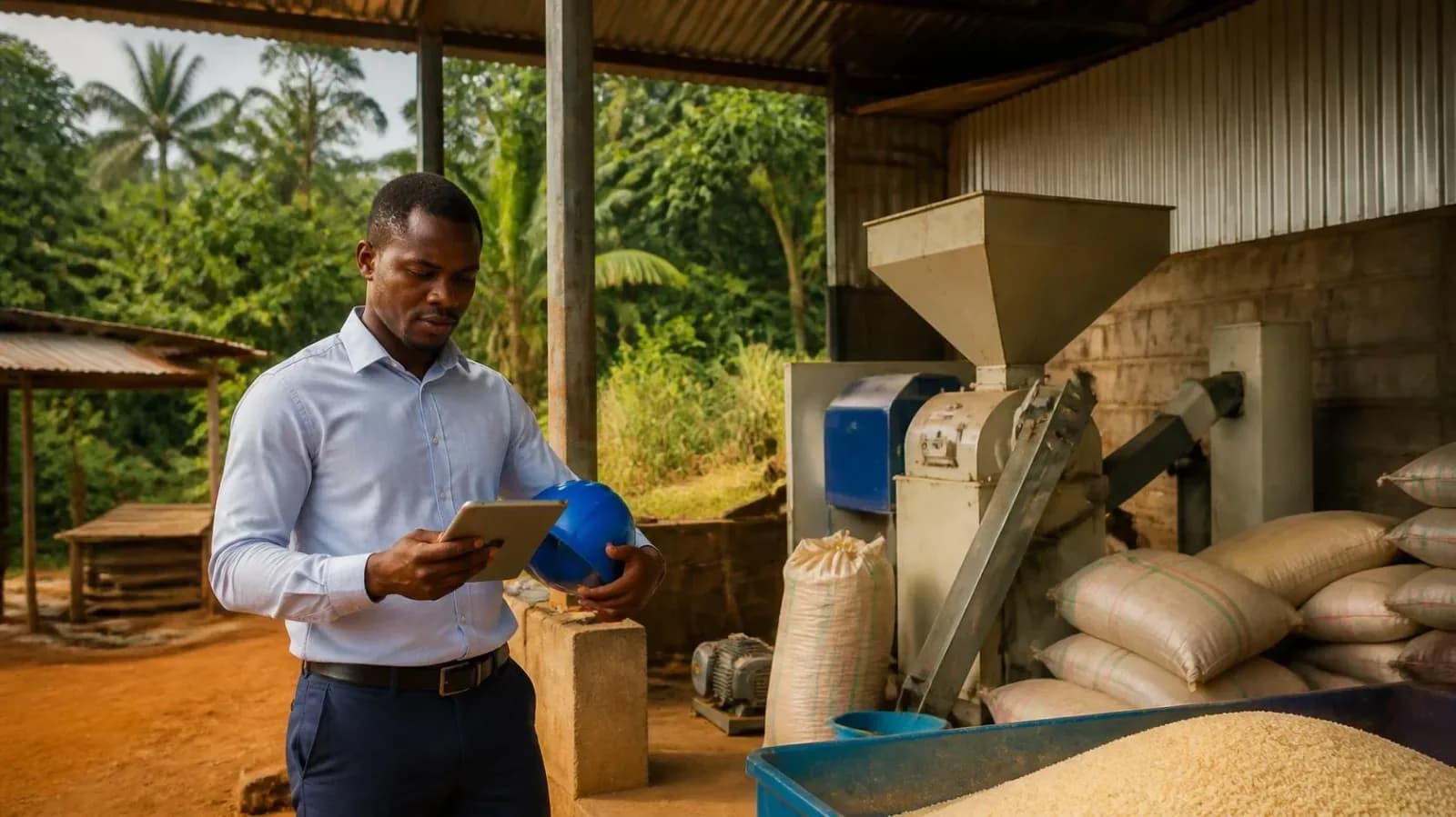 Engineer recording the parameters of a rice-husking unit